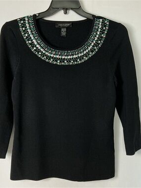 Cable & Gauge Black Scoop-Neck Sweater with Beaded Green and White Accents